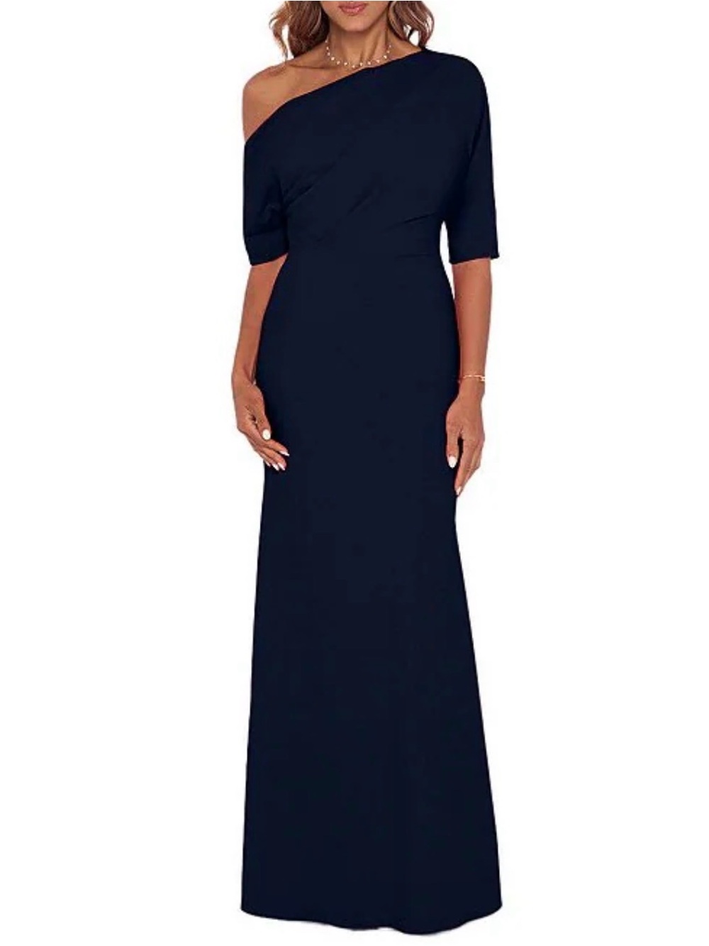 Betsey & Adam Scuba Crepe Asymmetric One Shoulder Navy Blue Mermaid Gown - Picture 2 of 4